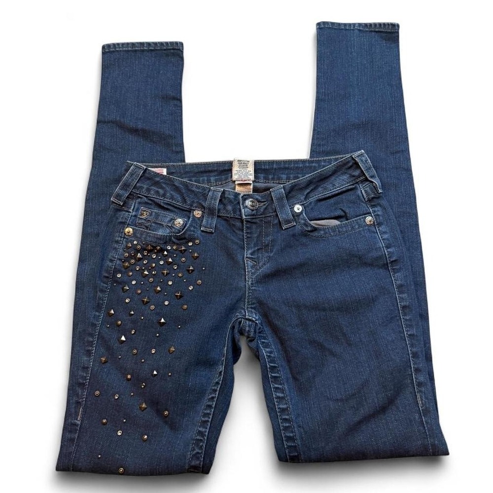 True Religion navy blue embellished Stella skinny denim blue jeans size 28x35